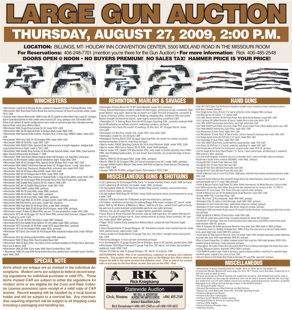 Large Gun Auction Thursday, August 27, 2009, 2:00 P.M