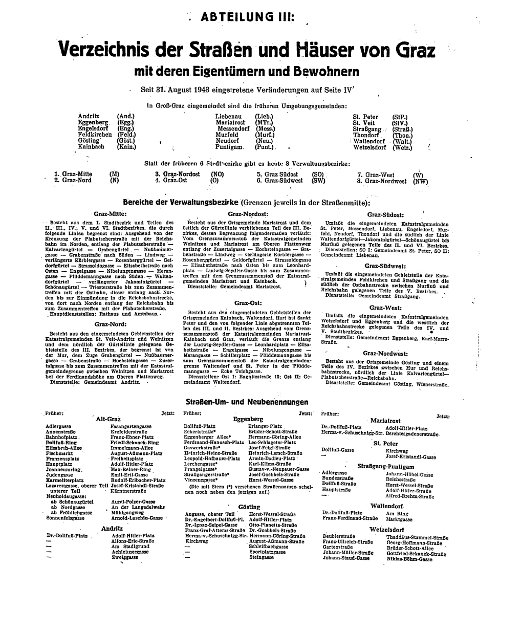 Verzeichnis Der Strassen Und Haeuser Graz Titel, Erklaerungen