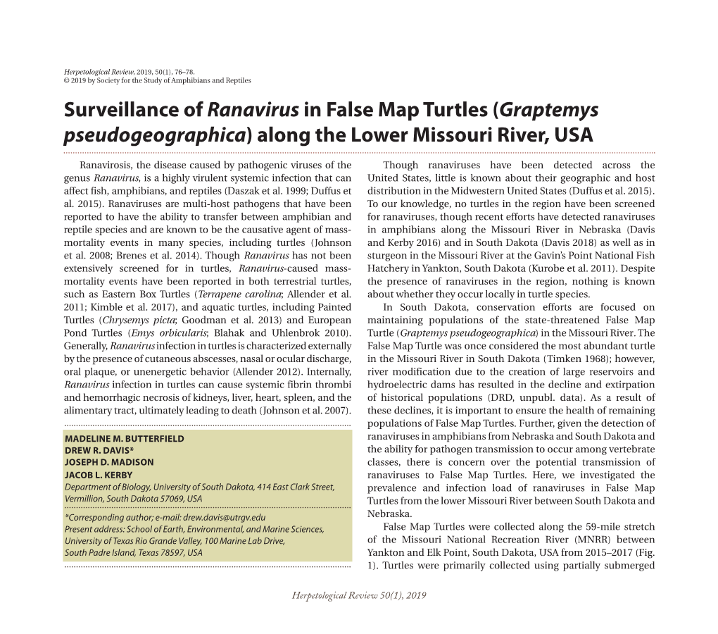 Surveillance of Ranavirus in False Map Turtles (Graptemys Pseudogeographica) Along the Lower Missouri River, USA