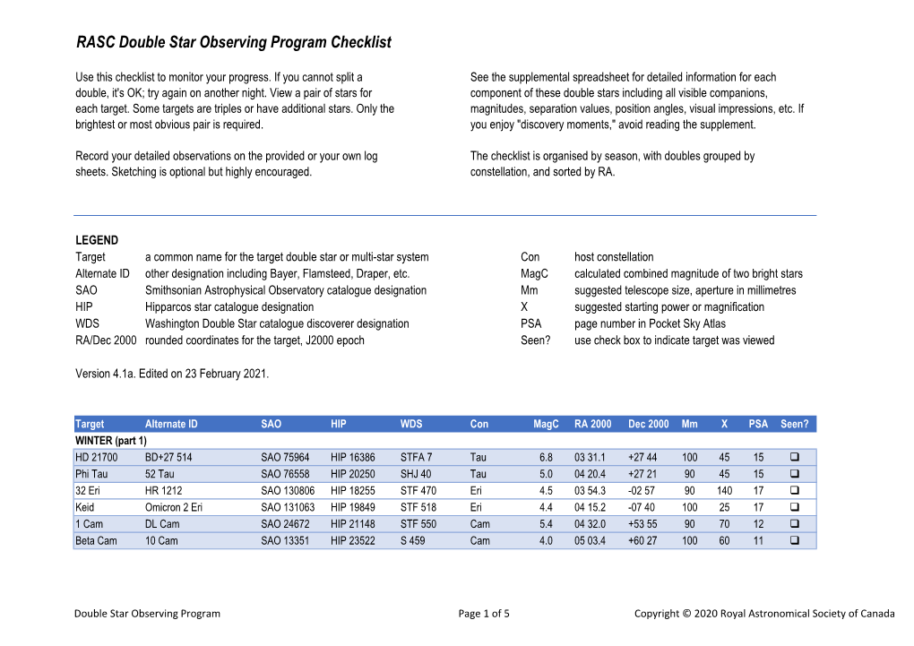 RASC Double Star Observing Program Checklist