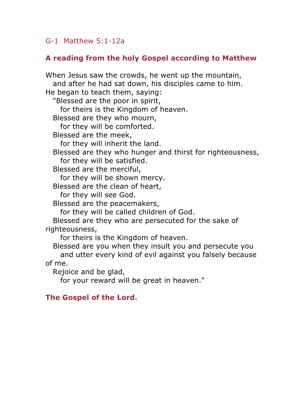 G-1 Matthew 5:1-12A a Reading from the Holy Gospel According To