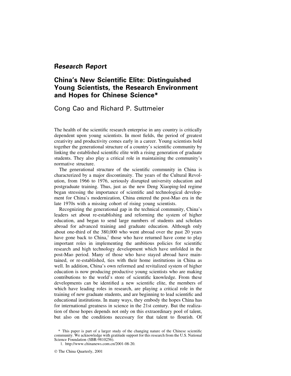 Research Report China's New Scientific Elite: Distinguished