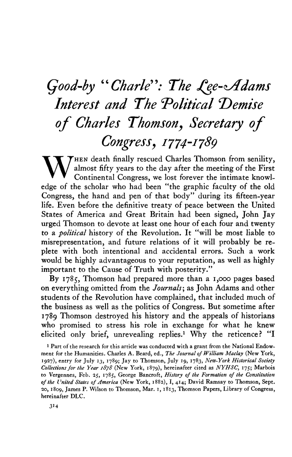 Demise of Charles Thomson, Secretary of Congress; 1774