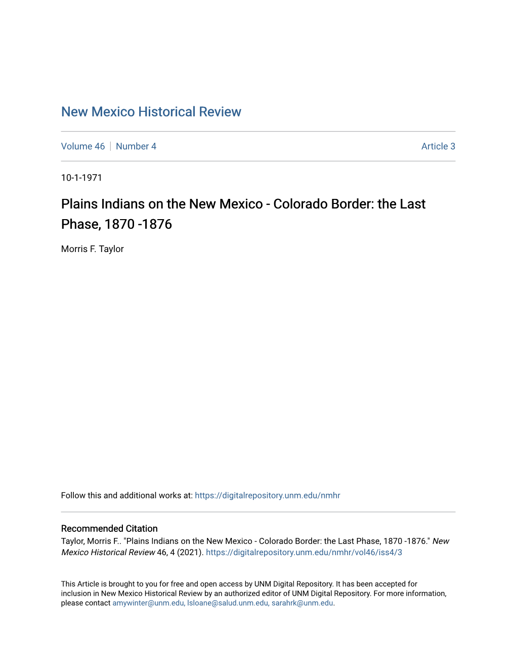 Plains Indians on the New Mexico - Colorado Border: the Last Phase, 1870 -1876