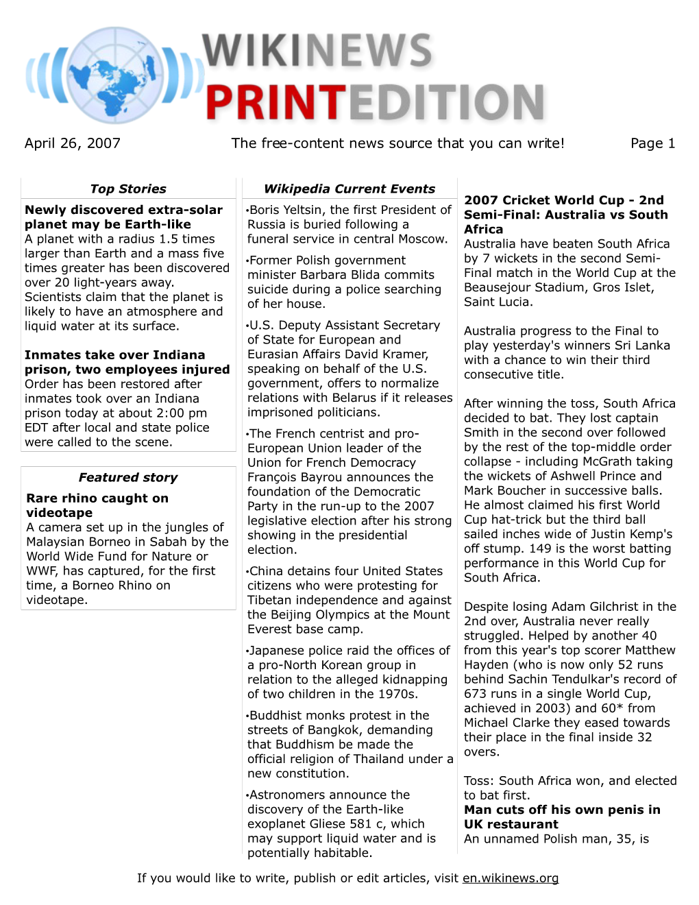April 26, 2007 the Free-Content News Source That You Can Write! Page 1