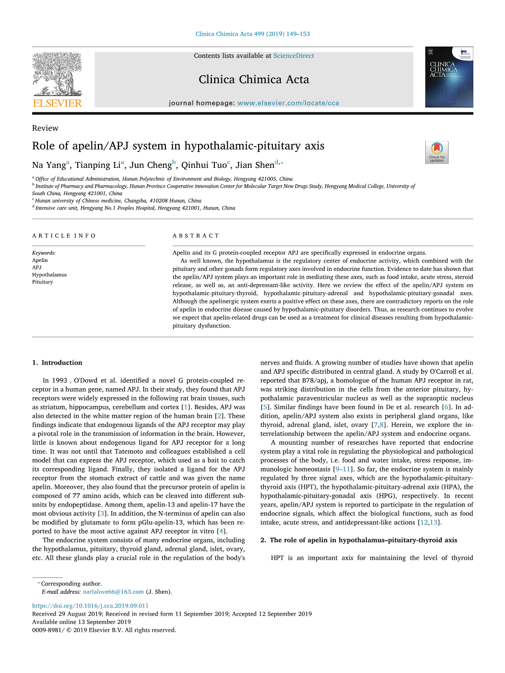 Role of Apelin/APJ System in Hypothalamic-Pituitary Axis