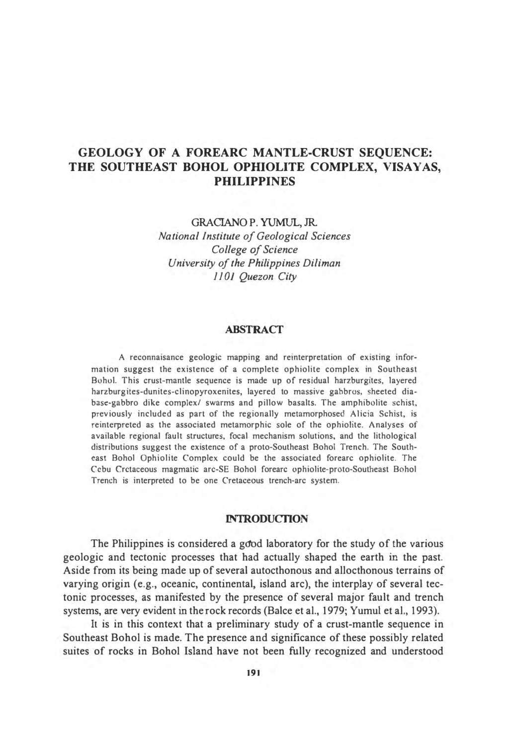 Geology of a Forearc Mantle-Crust Sequence: the Southeast Bohol Ophiolite Complex, Visa Y As, Philippines