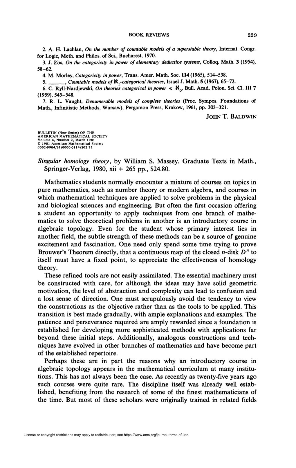 Singular Homology Theory, by William S. Massey, Graduate Texts in Math., Springer-Verlag, 1980, Xii + 265 Pp., $24.80