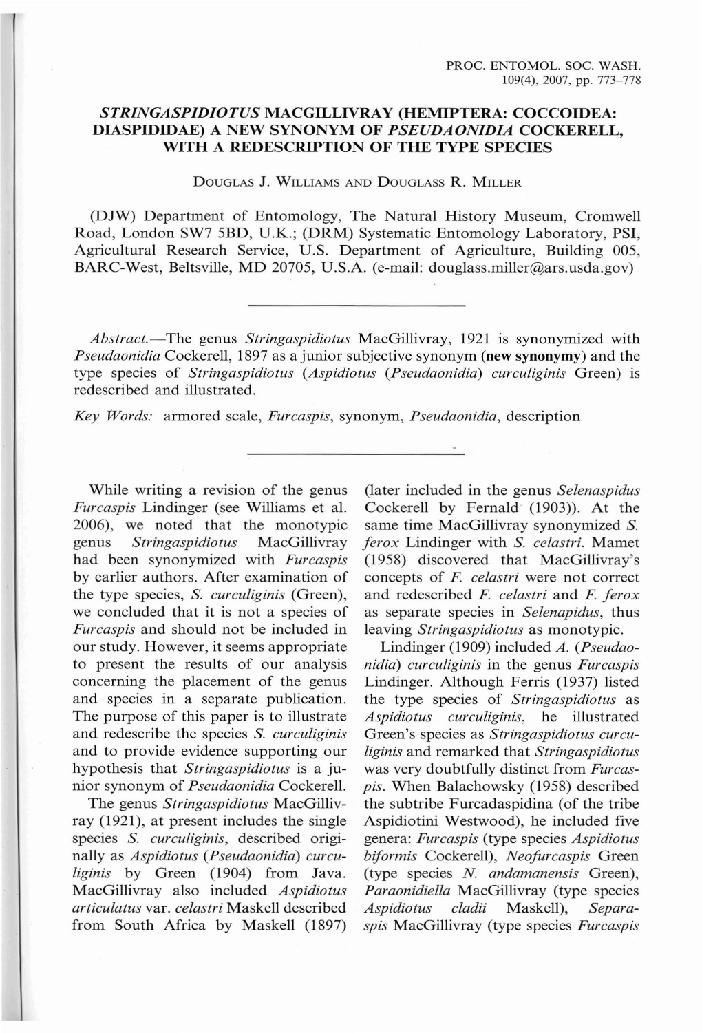 Hemiptera: Coccoidea: Diaspididae) a New Synonym of Pseudaonidia Cockerell, with a Redescription of the Type Species