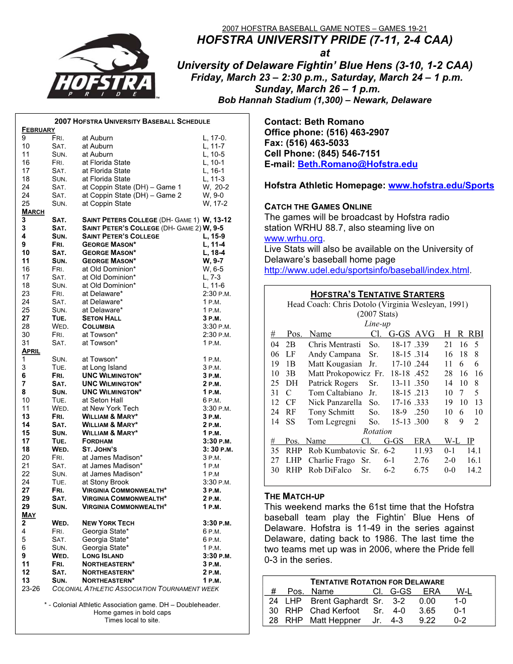 HOFSTRA UNIVERSITY PRIDE (7-11, 2-4 CAA) at University of Delaware Fightin’ Blue Hens (3-10, 1-2 CAA) Friday, March 23 – 2:30 P.M., Saturday, March 24 – 1 P.M