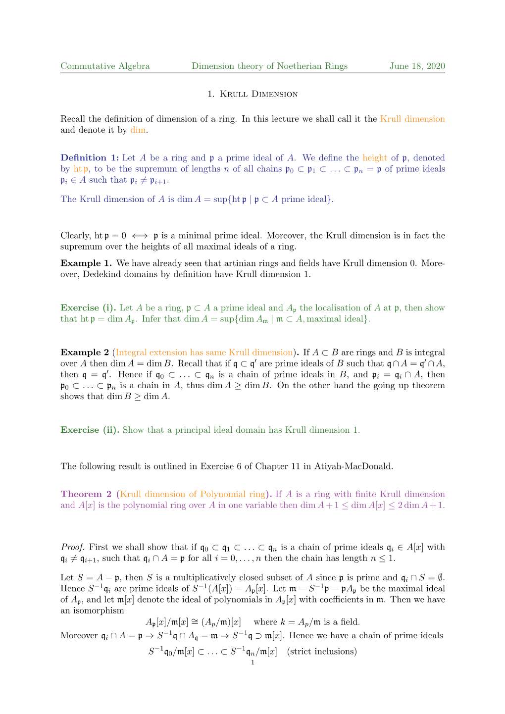 Commutative Algebra Dimension Theory of Noetherian Rings June 18, 2020