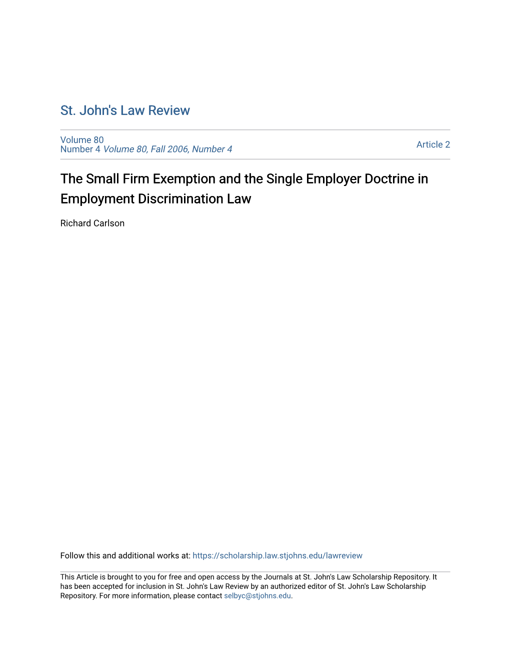 The Small Firm Exemption and the Single Employer Doctrine in Employment Discrimination Law