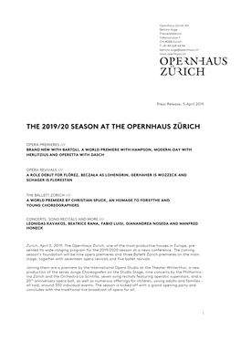 Press Release Season 2019-20 Opernhaus Zürich