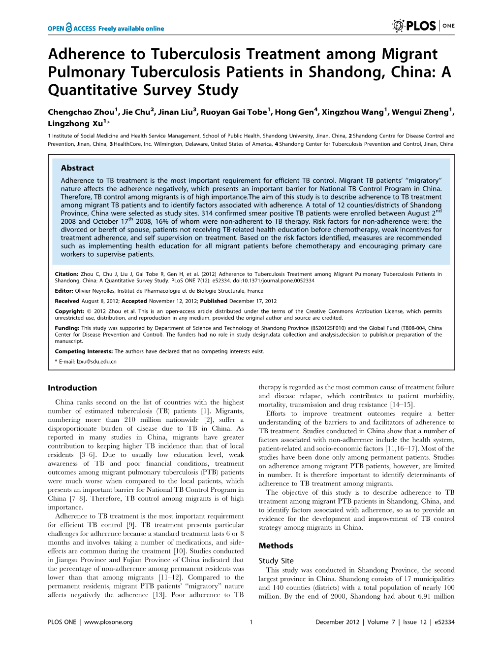 Adherence to Tuberculosis Treatment Among Migrant Pulmonary Tuberculosis Patients in Shandong, China: a Quantitative Survey Study