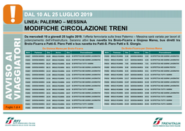 Dal 10 Al 25 Luglio 2019 Linea: Palermo – Messina Modifiche Circolazione Treni