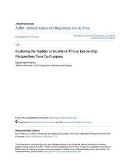 Restoring the Traditional Quality of African Leadership: Perspectives from the Diaspora