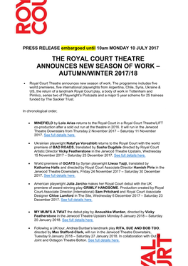 The Royal Court Theatre Announces New Season of Work – Autumn/Winter 2017/18
