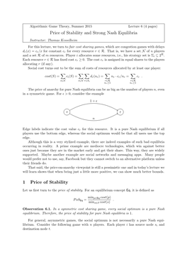 Lecture 6, Price of Stability and Strong Nash Equilibria, June 8, 2015