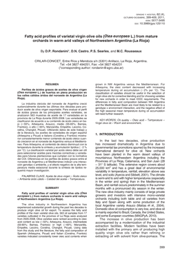 Fatty Acid Profiles of Varietal Virgin Olive Oils (Olea Europaea L.) from Mature Orchards in Warm Arid Valleys of Northwestern Argentina (La Rioja)