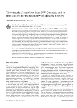 The Castorid Steneofiber from NW Germany and Its Implications for the Taxonomy of Miocene Beavers