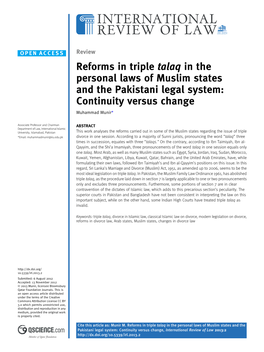 Reforms in Triple Talaq in the Personal Laws of Muslim States and the Pakistani Legal System: Continuity Versus Change Muhammad Munir*