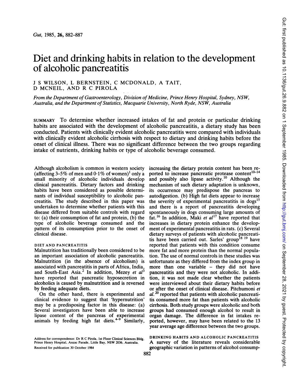 Diet and Drinking Habits in Relation to the Development of Alcoholic Pancreatitis