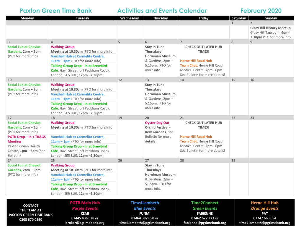 Paxton Green Time Bank Activities and Events Calendar February 2020