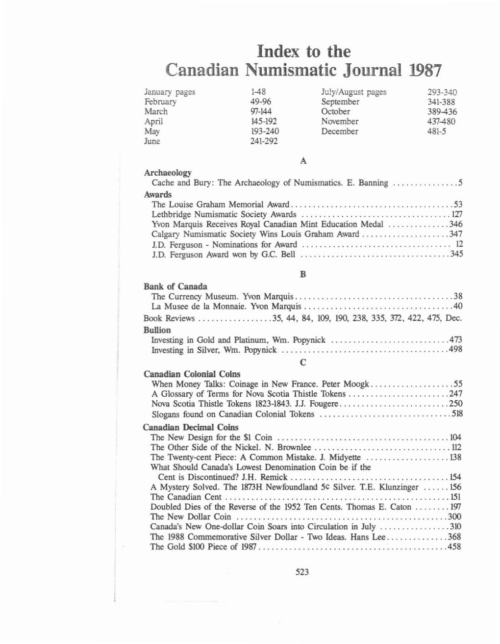 Index to the Canadian Numismatic Journal 1987