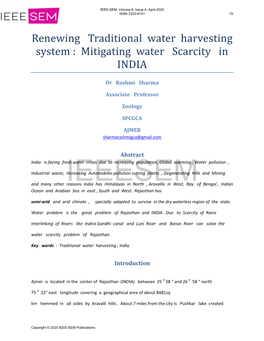 Renewing Traditional Water Harvesting System : Mitigating Water Scarcity in INDIA