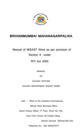 Manual of M/EAST Ward As Per Provision of Section 4 Under RTI Act