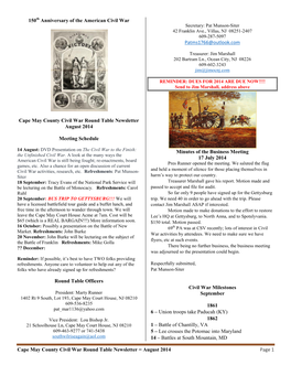 Cape May County Civil War Round Table Newsletter = August 2014 Page 1