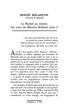 Le Rocket Au Cinema Les Yeux De Maurice Richard, Prise 2