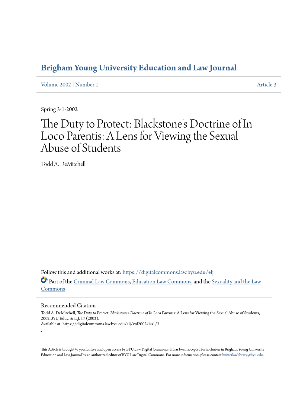 Blackstone's Doctrine of in Loco Parentis: a Lens for Viewing the Sexual Abuse of Students Todd A