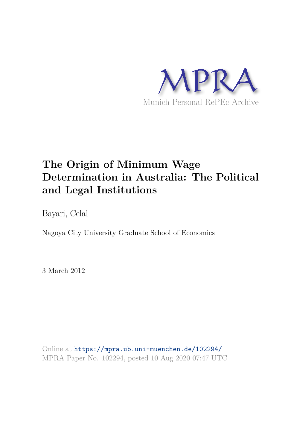 The Origin of Minimum Wage Determination in Australia: the Political and Legal Institutions