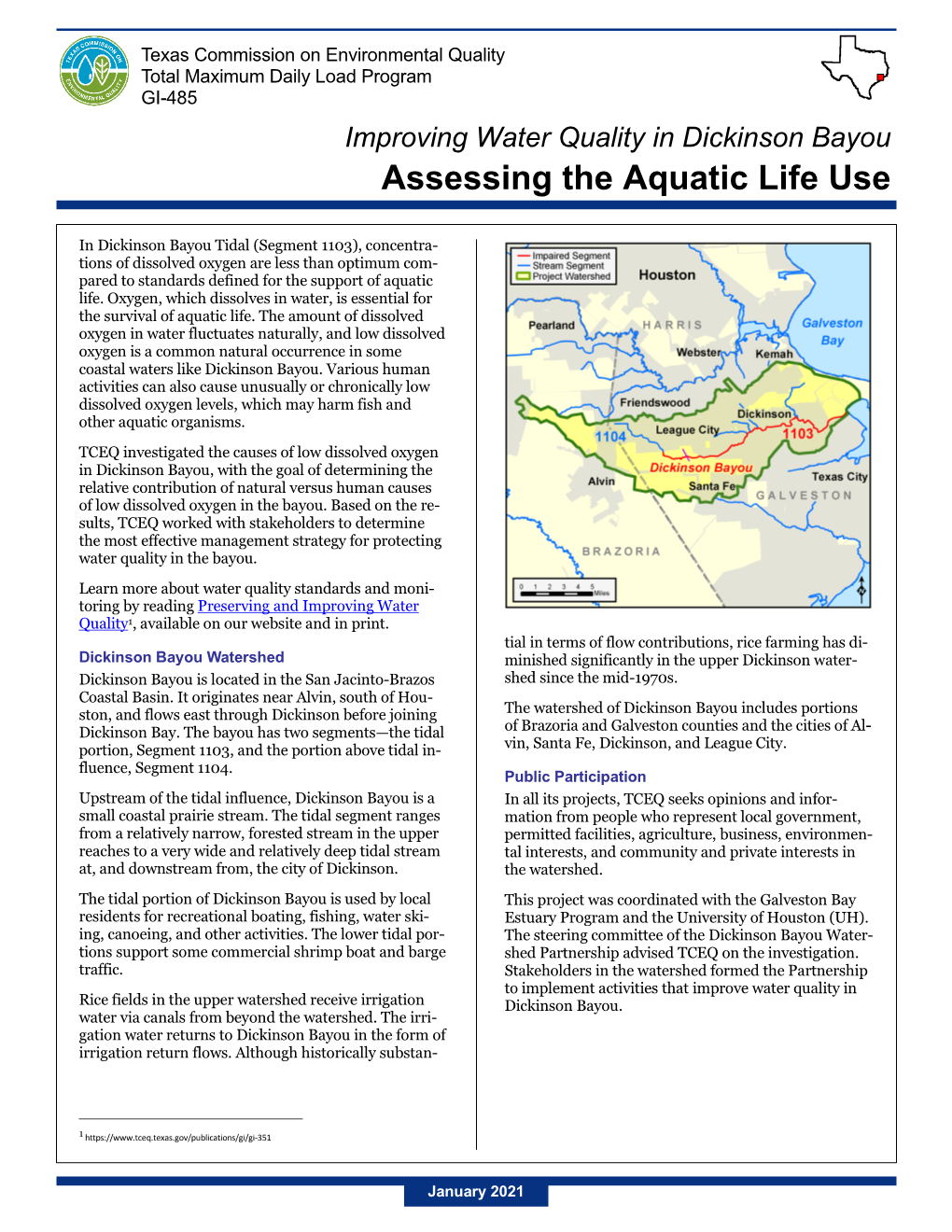 Improving Water Quality in Dickinson Bayou Assessing the Aquatic Life Use