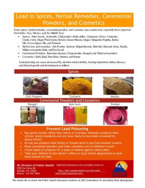Lead in Spices, Herbal Remedies, Ceremonial Powders, and Cosmetics