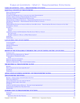 Table of Contents - Unit 2 – Trigonometric Functions Table of Contents - Unit 2 – Trigonometric Functions