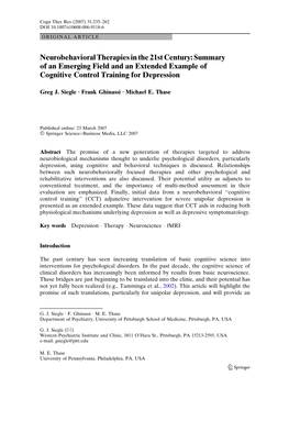 Neurobehavioral Therapies in the 21St Century: Summary of an Emerging Field and an Extended Example of Cognitive Control Training for Depression