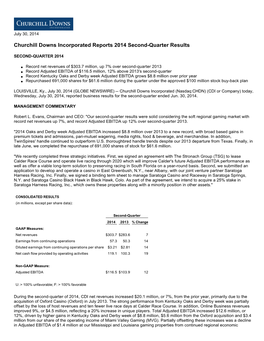 Churchill Downs Incorporated Reports 2014 Second-Quarter Results