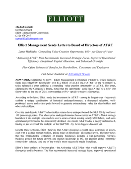 Elliott Management Sends Letter to Board of Directors of AT&T