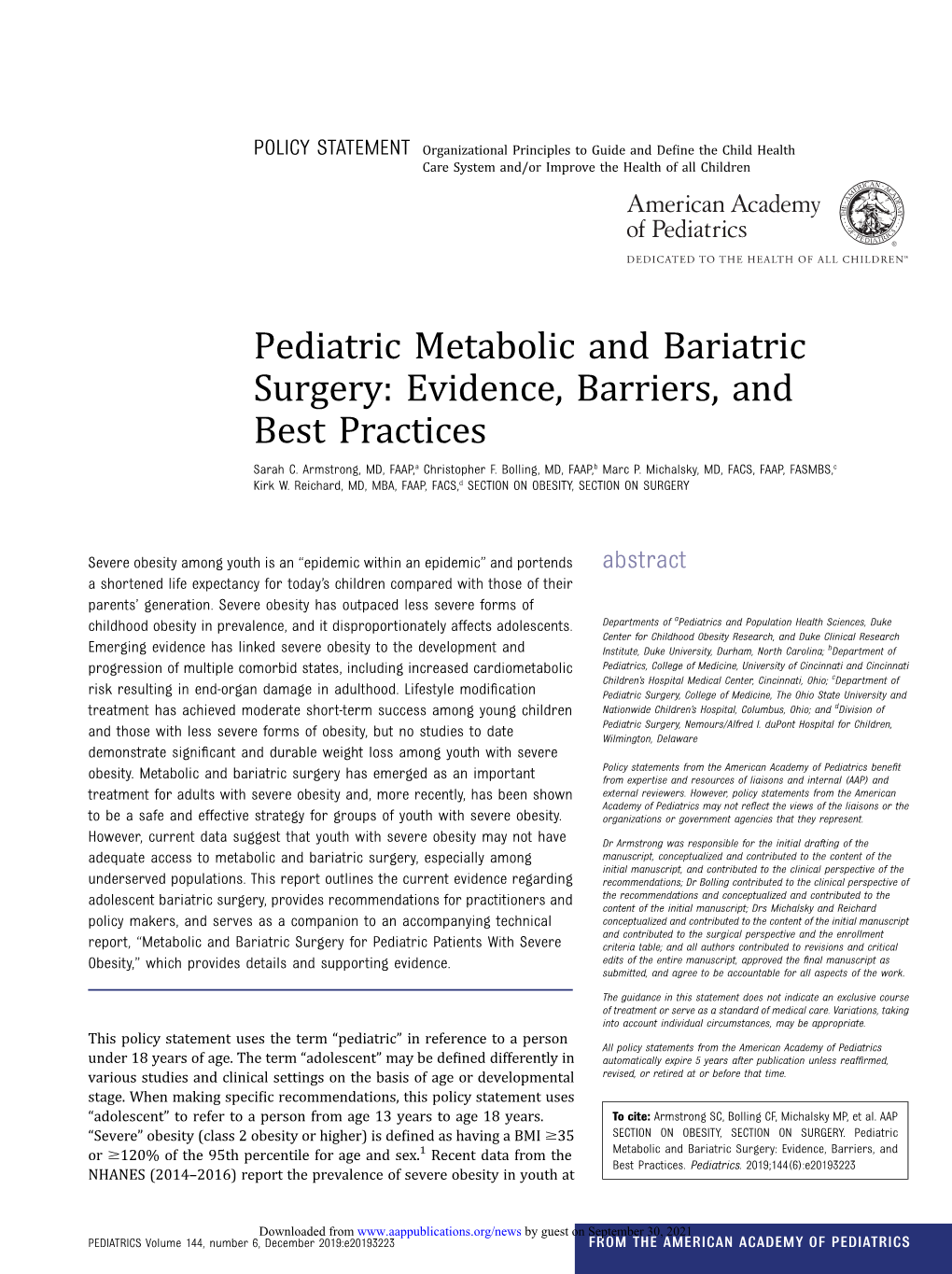 Pediatric Metabolic and Bariatric Surgery: Evidence, Barriers, and Best Practices Sarah C