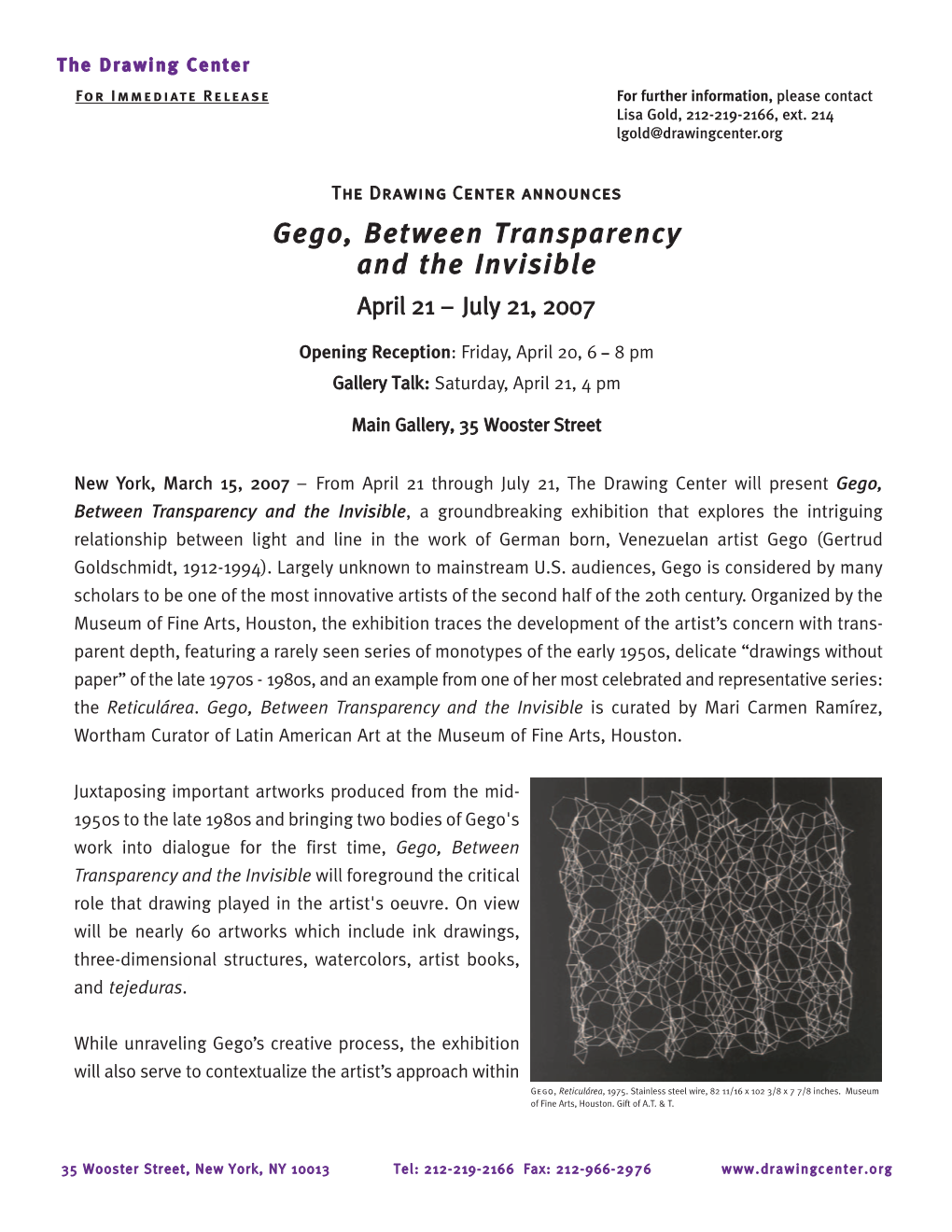 Gego, Between Transparency and the Invisible April 21 – July 21, 2007