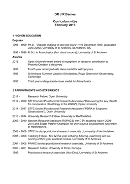 DR J R Barnes Curriculum Vitae February 2018