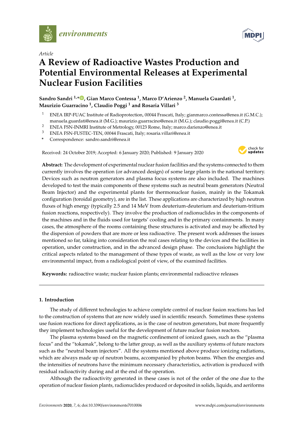 A Review of Radioactive Wastes Production and Potential Environmental Releases at Experimental Nuclear Fusion Facilities