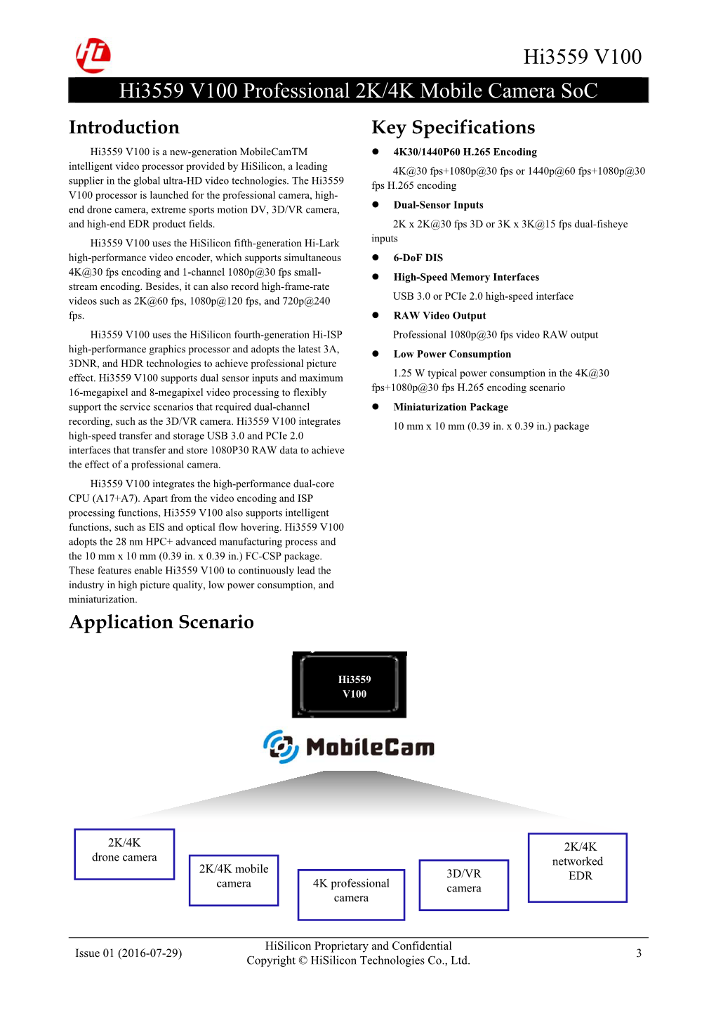 Hi3559 V100 Professional 2K／4K Mobile Camera Soc Brief Data Sheet