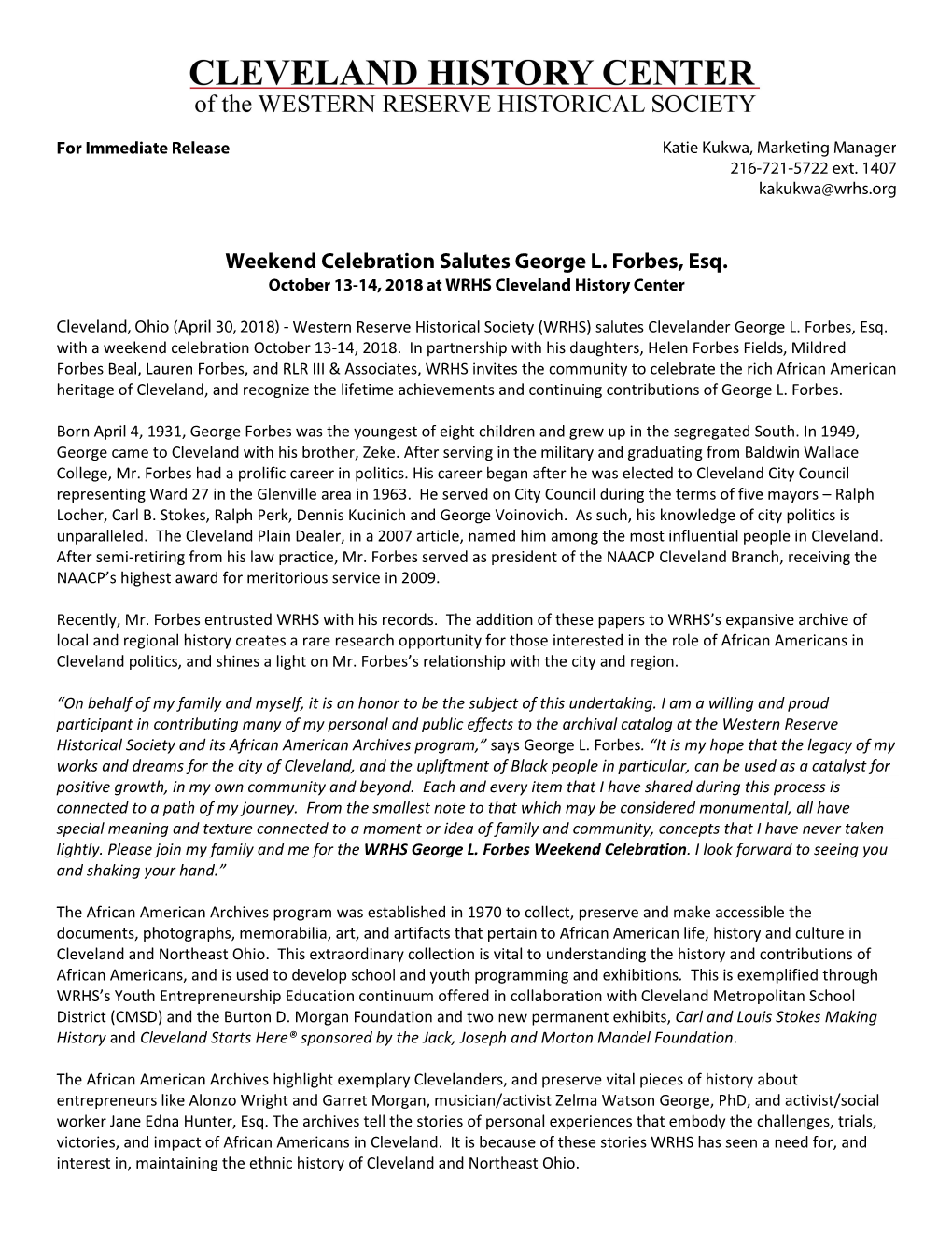 Weekend Celebration Salutes George L. Forbes, Esq. October 13-14, 2018 at WRHS Cleveland History Center