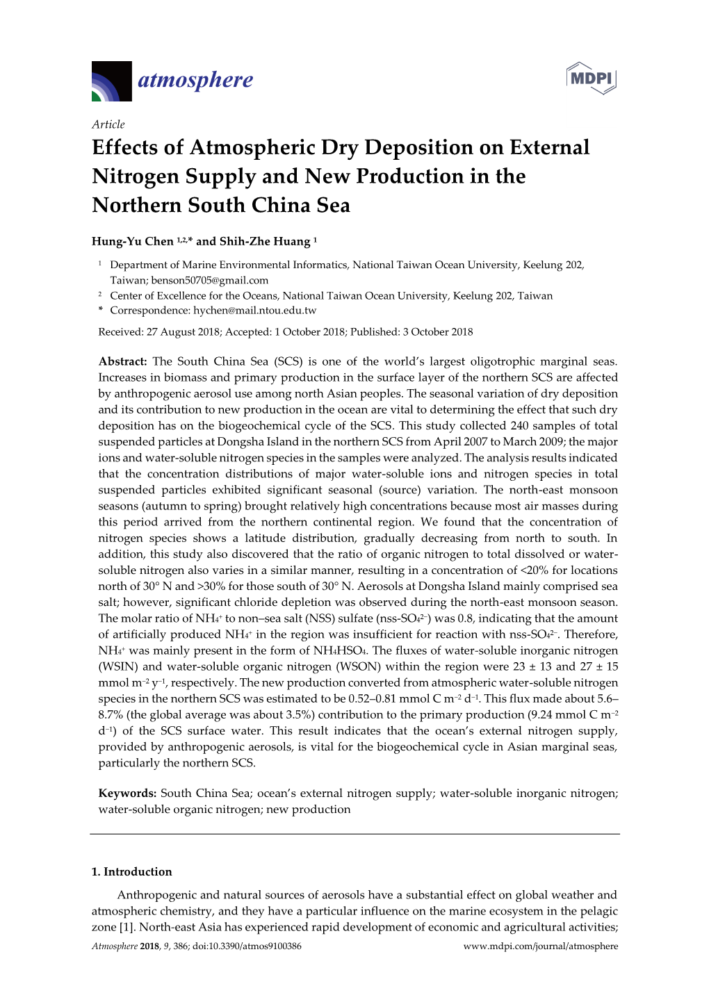 Effects of Atmospheric Dry Deposition on External Nitrogen Supply and New Production in the Northern South China Sea