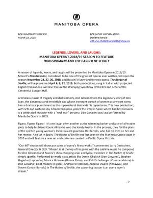 Manitoba Opera's 2018/19 Season to Feature Don