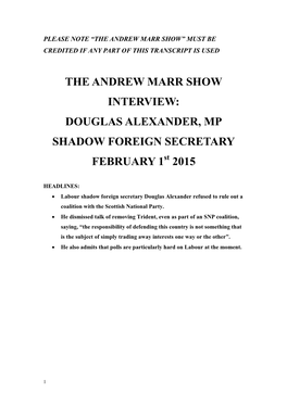 THE ANDREW MARR SHOW INTERVIEW: DOUGLAS ALEXANDER, MP SHADOW FOREIGN SECRETARY FEBRUARY 1St 2015