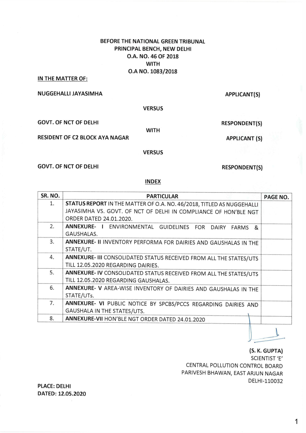 Before the National Green Tribunal Principal Bench, New Delhi O.A